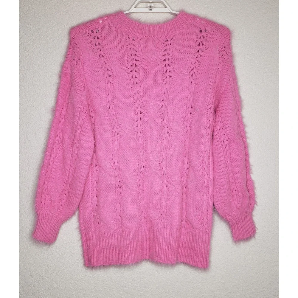 Bluivy Fuzzy Cable Knit Tunic‎ Sweater Womens Size S/M Bright Pink Long Sleeve